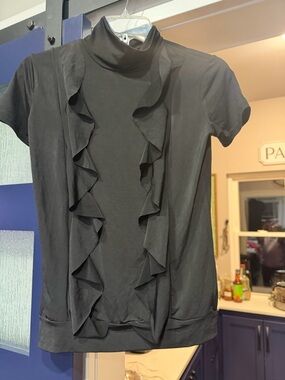 Black Ruffle-Front Short Sleeve Blouse